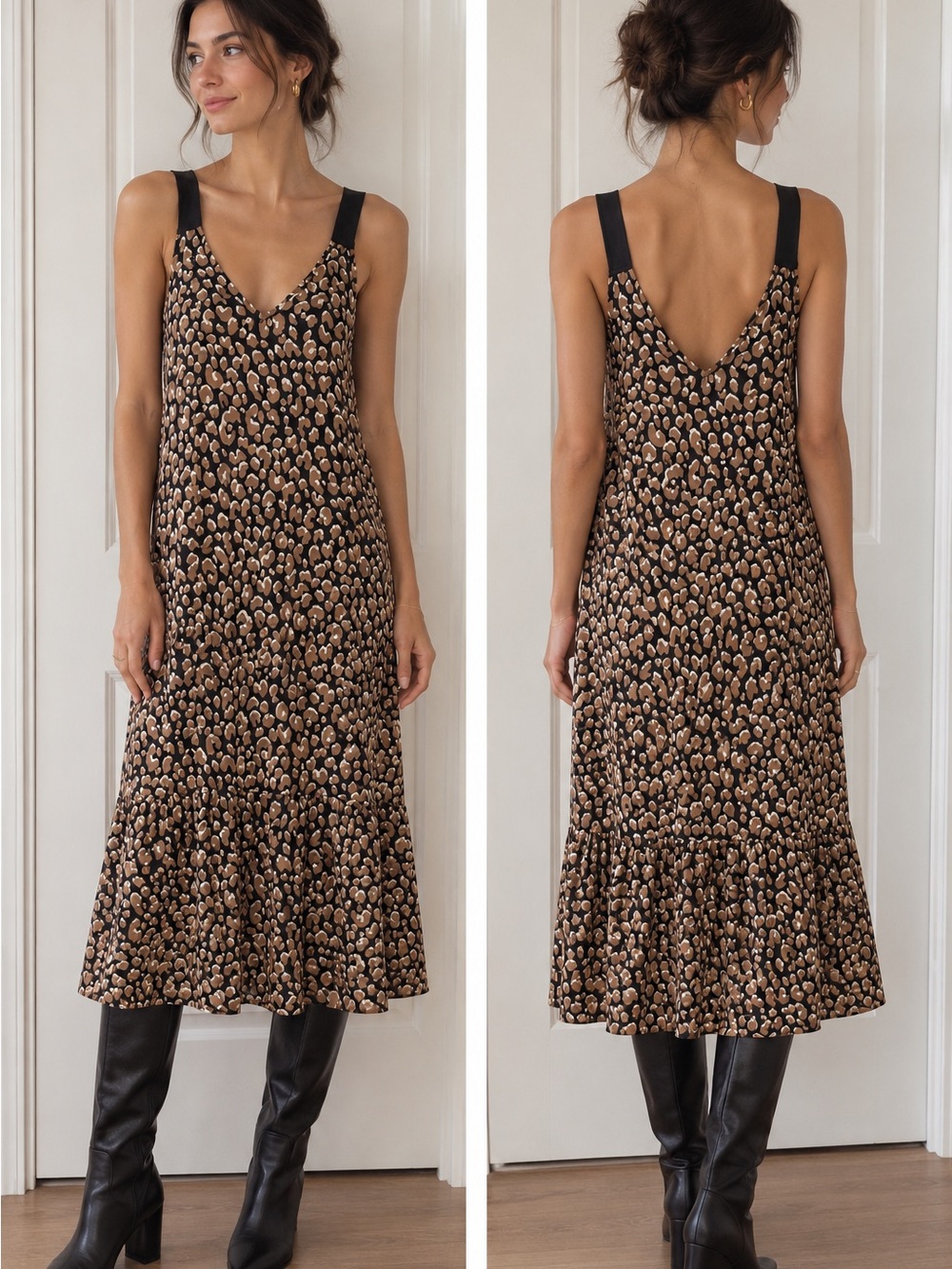Brown Floral V-Neck Midi Dress with Black Straps